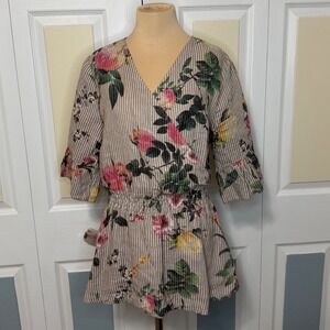 Francesca Bettini 100% Linen Floral Stripe Bell Sleeve Smocked Waist Tunic Top L